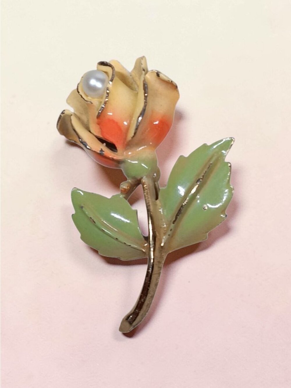 Enameled Rose Flower Brooch Spring Summer 2" Gold Tone with Imitation Pearl